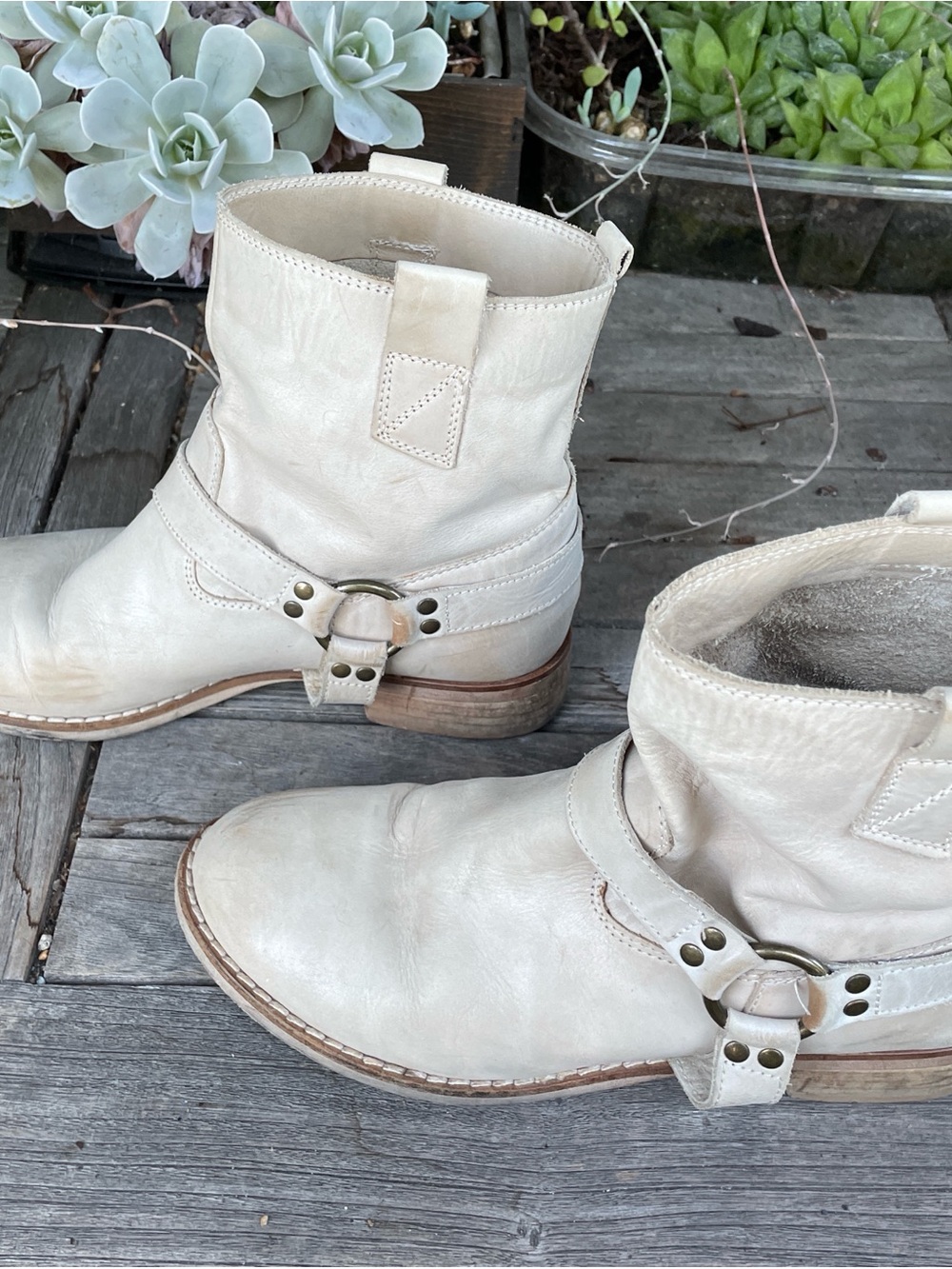 Women's Cream Leather Ankle Boots with Ring Harness - Picture 3 of 7